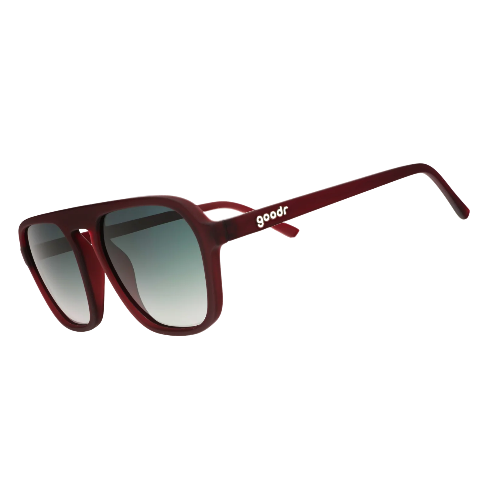 Product close up of brown aviator style sunglasses with green gradient lenses.