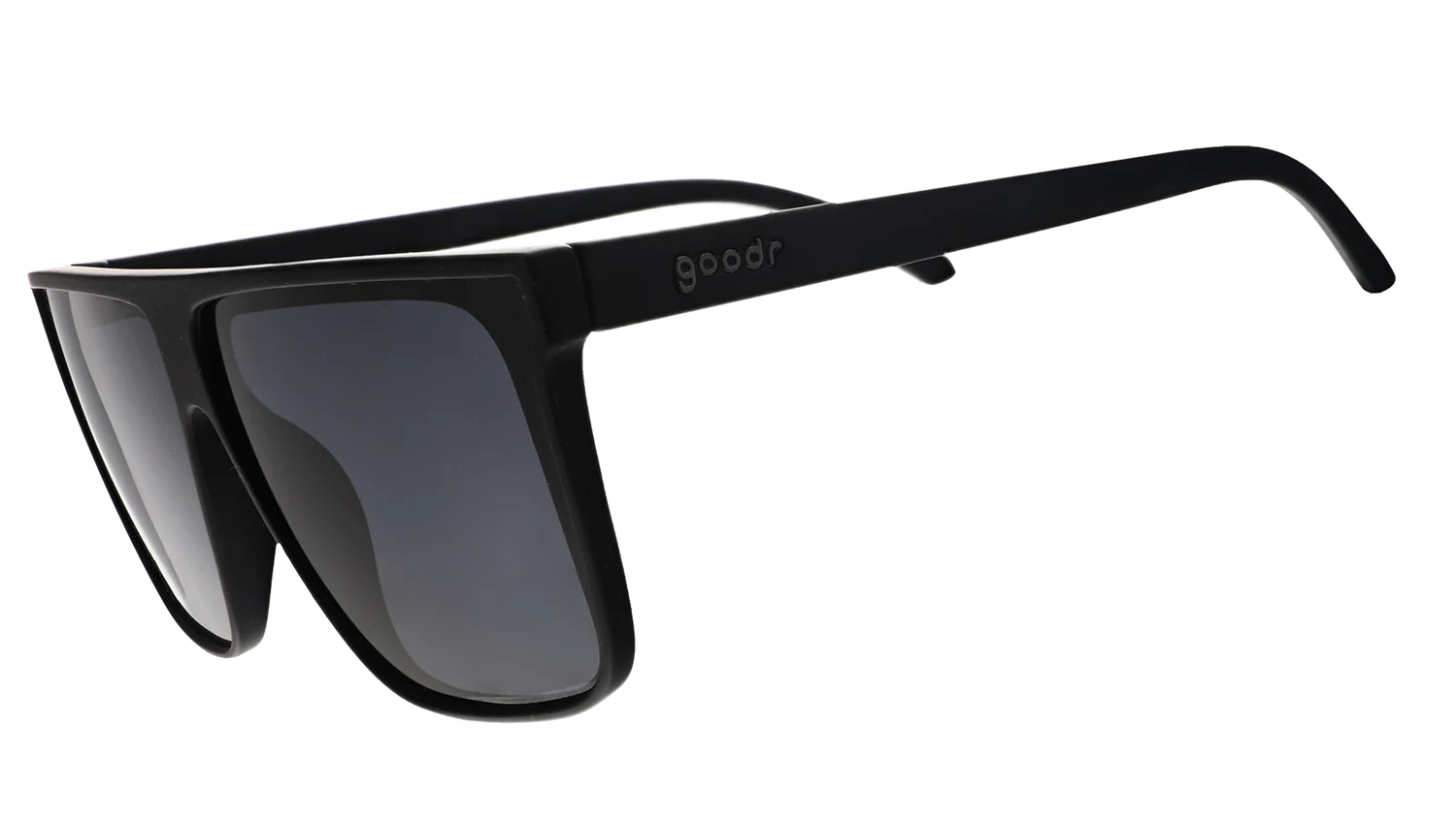 Black wide-fit, oversized sunglasses with non-reflective lenses. No slip, no bounce, all polarised.