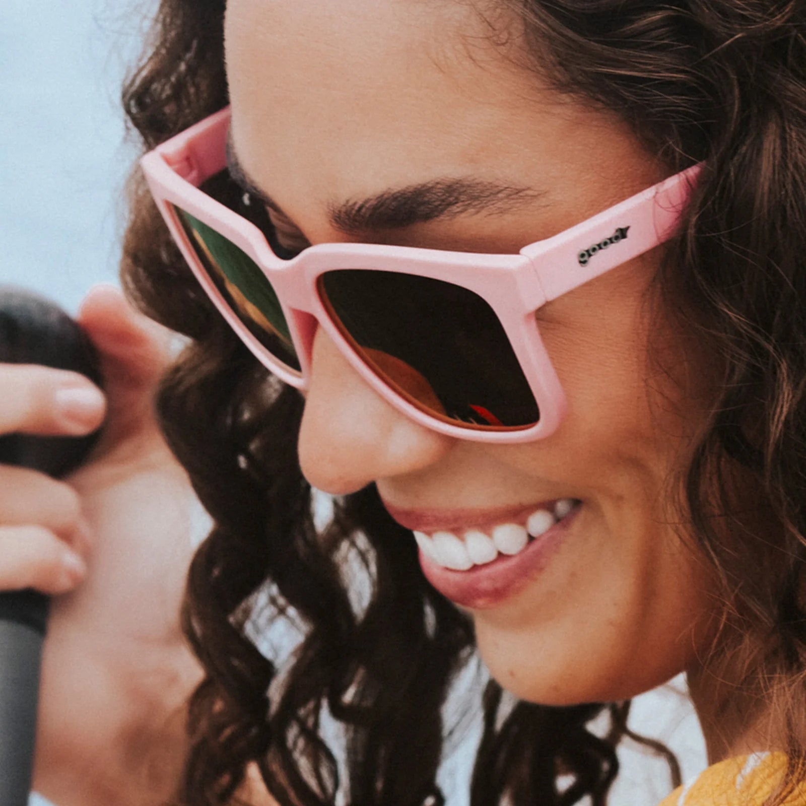 Pink sunglasses with mirrored reflective lenses. Water repellent and capable of floating.