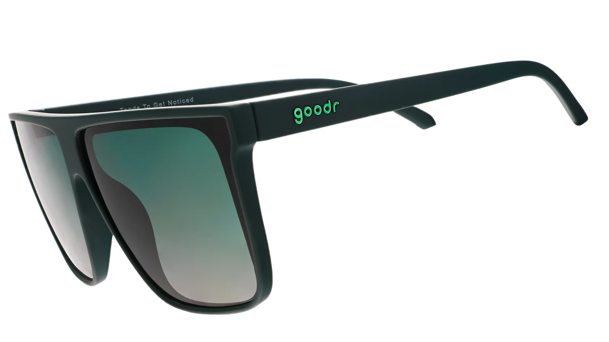 Dark green oversized, flat-top sunglasses with gradient lenses to improve ground visibility. No slip, no bounce, all polarised.