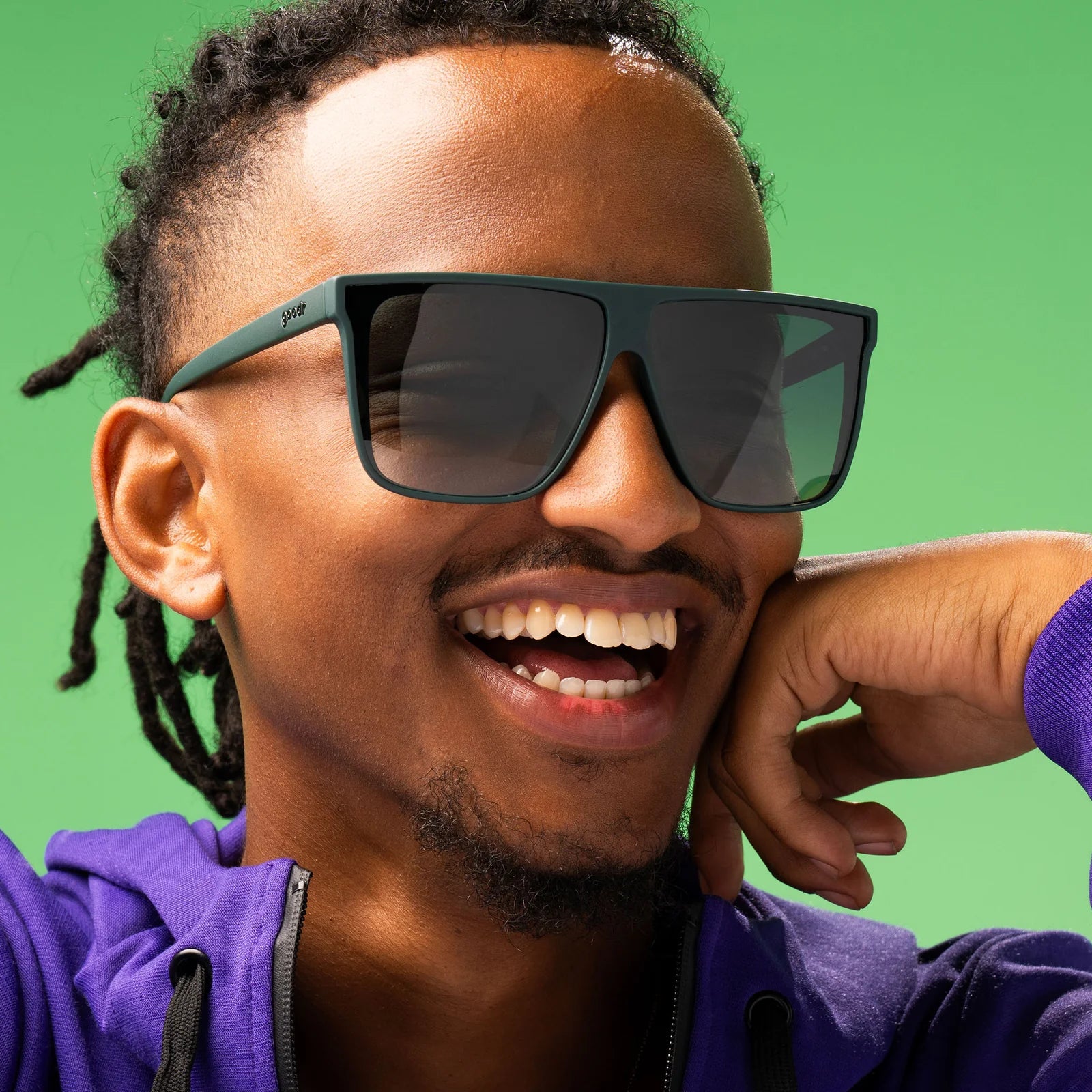 Dark green oversized, flat-top sunglasses with gradient lenses to improve ground visibility. No slip, no bounce, all polarised.