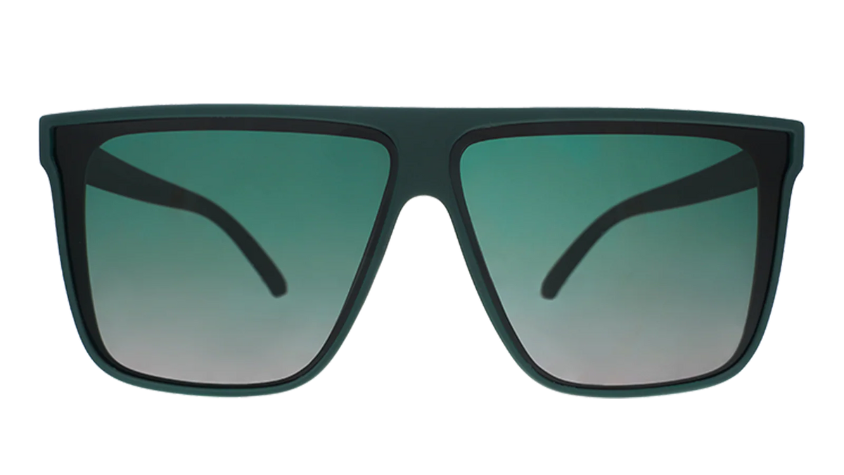 Dark green oversized, flat-top sunglasses with gradient lenses to improve ground visibility. No slip, no bounce, all polarised.