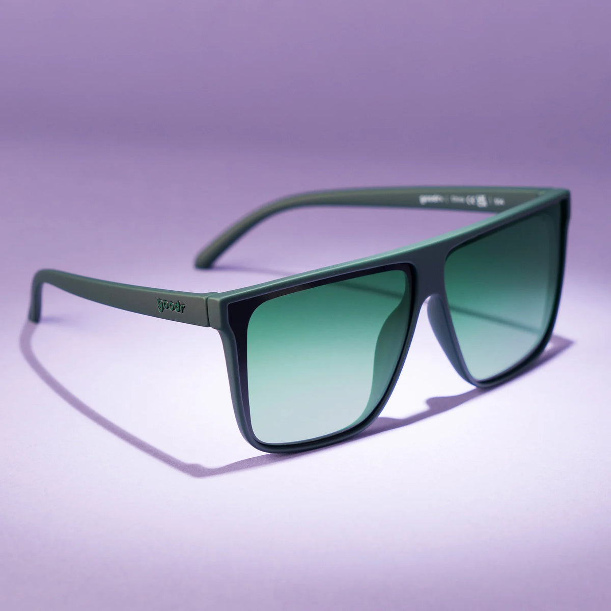 Dark green oversized, flat-top sunglasses with gradient lenses to improve ground visibility. No slip, no bounce, all polarised.