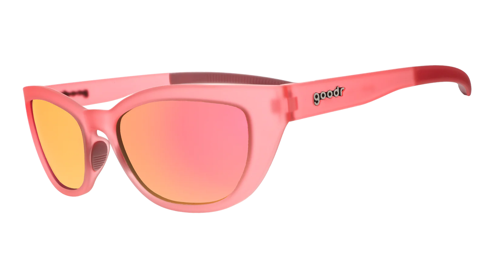 Pink sunglasses with a cat-eye shape. Pink champagne mirrored lenses.